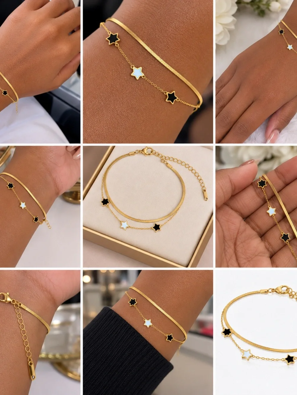 Gold Double Star Bracelet with Black and White Inlay - Women Jewelry